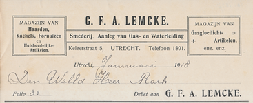 711633 Kop van een nota van G.F.A. Lemcke, Smederij, Aanleg voor Gas- en Waterleiding, Magazijn van Haarden, Kachels, ...
